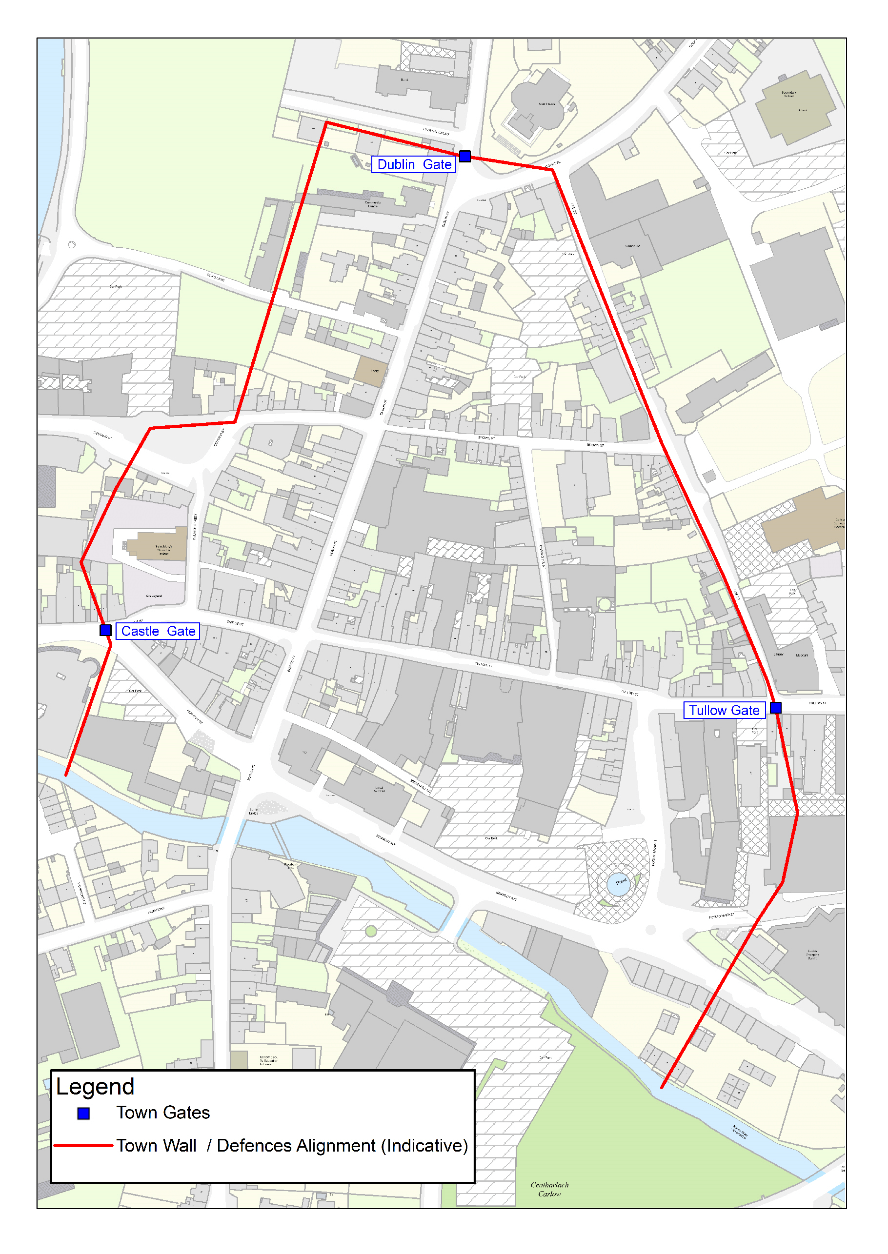 Map 9.6: Postulated route and location of Carlow Town Wall/Defences and three main gates