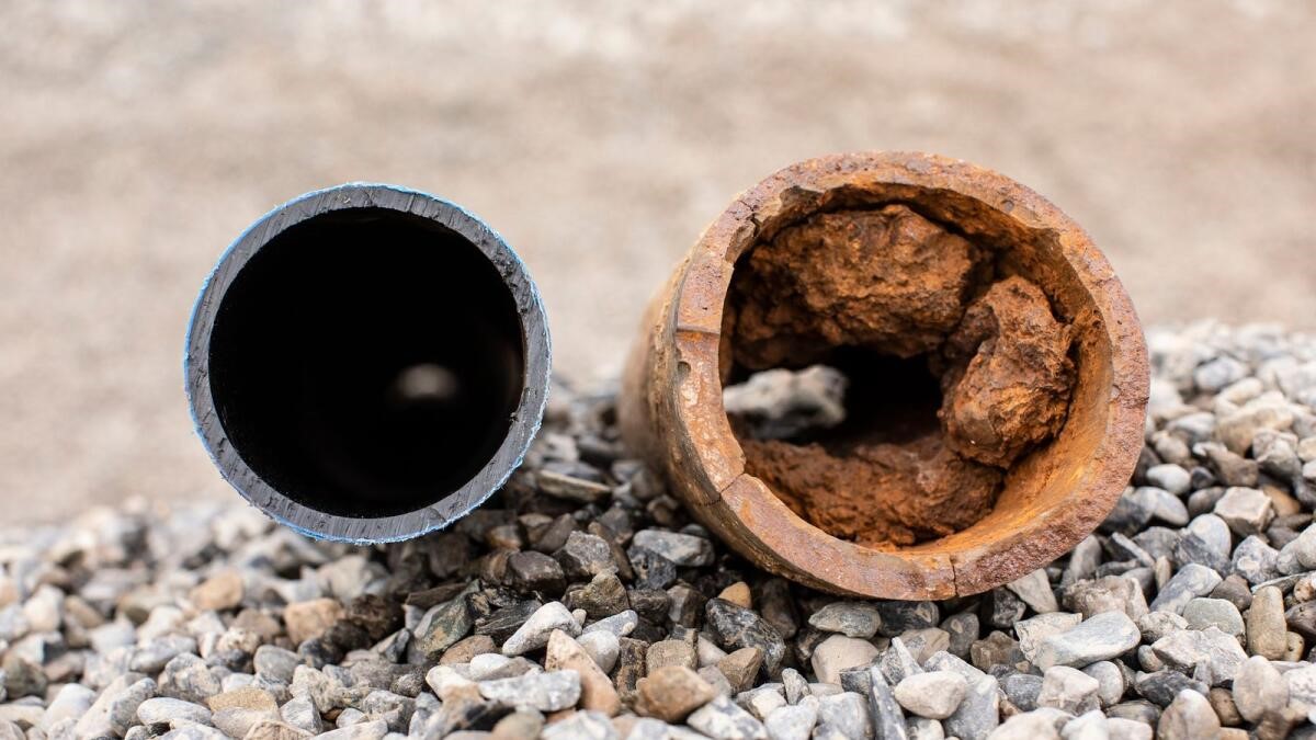 Image of cast iron water mains and mains polyethylene (plastic) pipes
